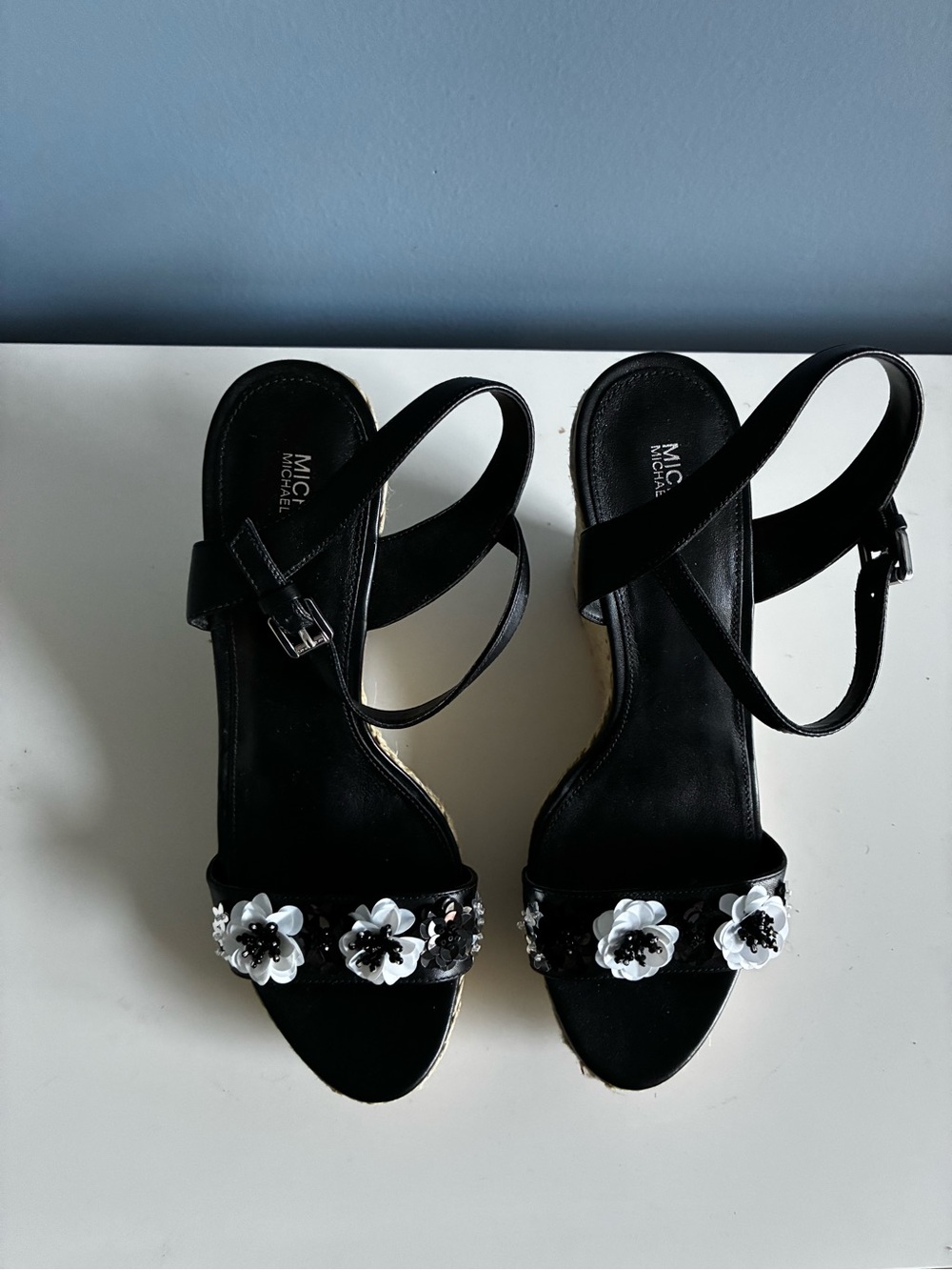 Michael Kors Black Espadrille Wedge Sandals with Floral Appliqués - Picture 4 of 5
